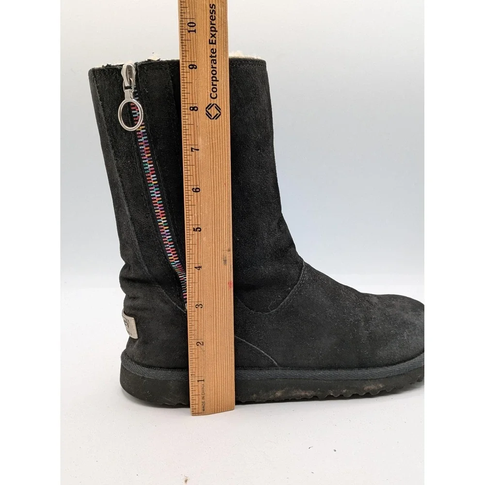 UGG Australia Boots Kids Size 4 Black Suede Shearling Zip Mid Calf Winter